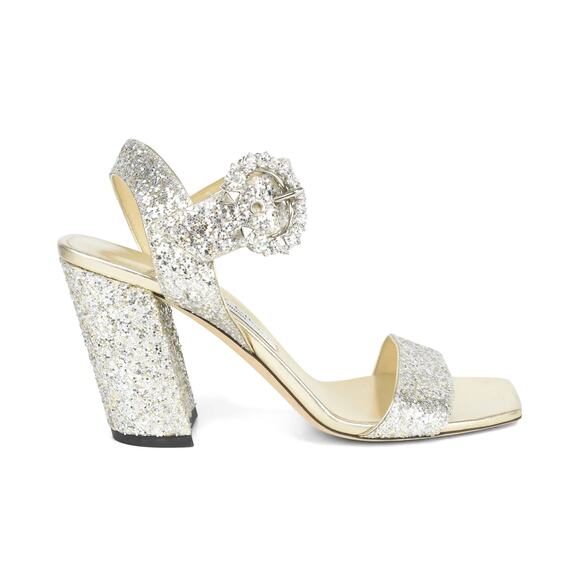 JIMMY CHOO Maysa 85 Embellished Glittered Heeled Sandals Women's 37.5/US 7.5 - Picture 1 of 11